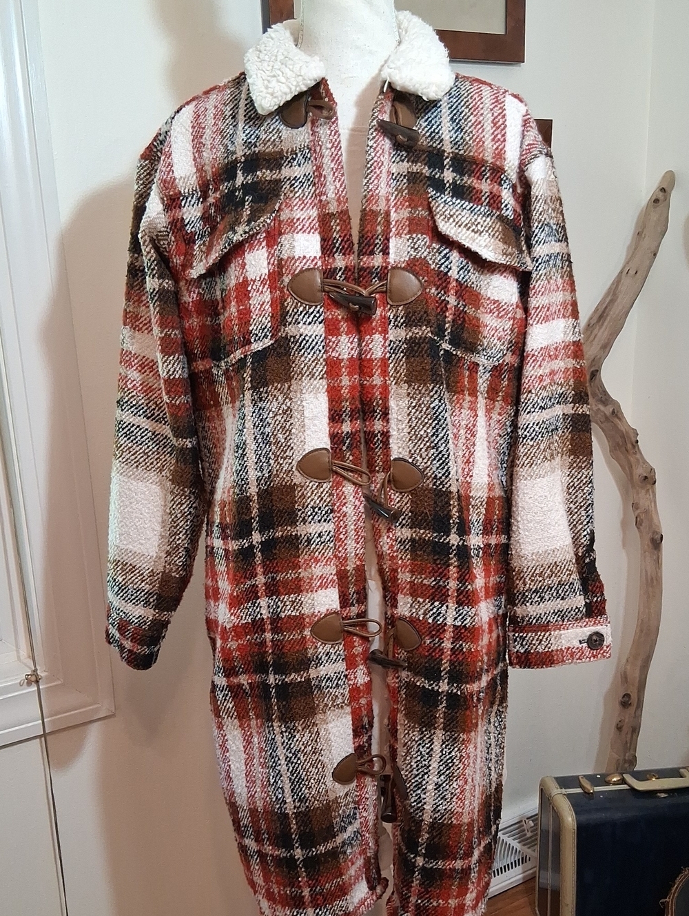 Maurices Plaid Toggle Long Shajacket Coat in Rust, Brown & Cream